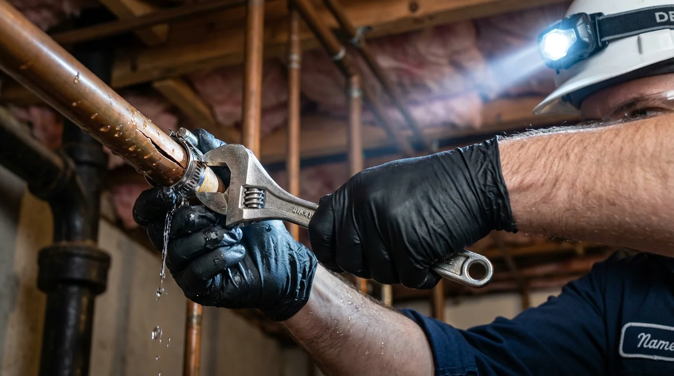 Emergency pipe clamp repair being performed by a Johns Plumbing LLC plumber in Friedens